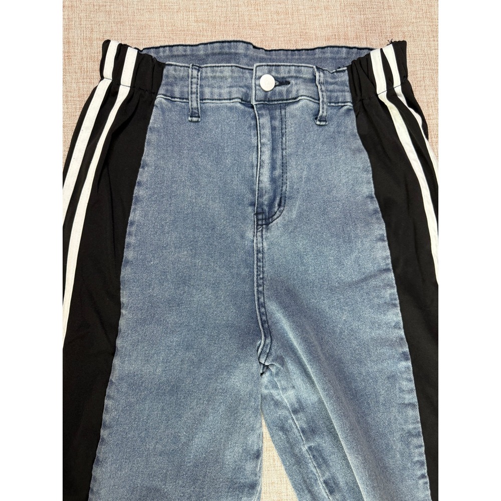 NEW! High Waisted Stretch Denim Side Stripe Color Block Wide Leg Jeans Pants
